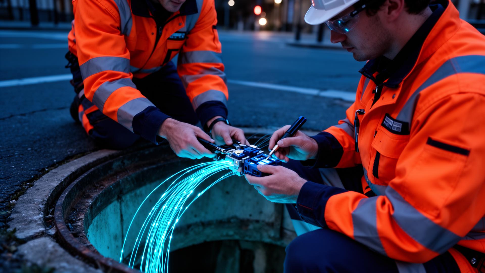 Glasvezelmonteurs aan het werk in een straatvak